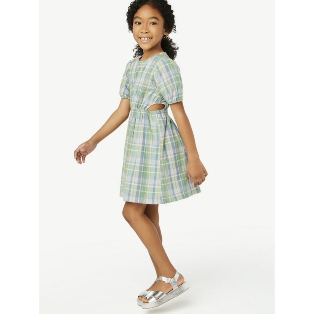 NWT Free Assembly Green Plaid Puff Sleeve Cotton Dress Size XS (4/5)